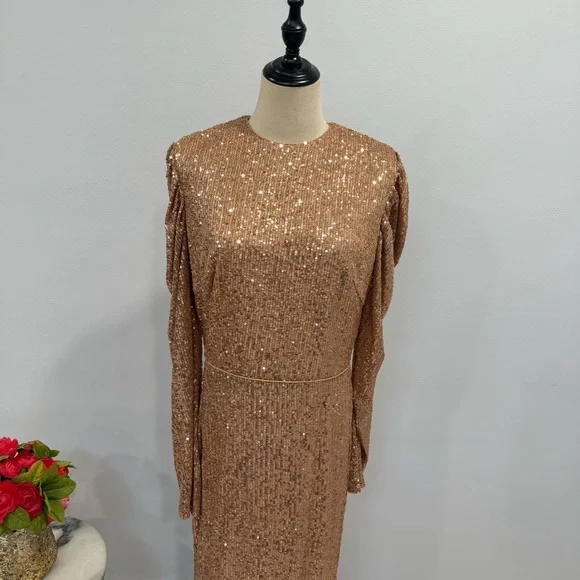 Mac Duggal Sequin High Neck Juliet Puff Long SleeveTrumpet Column Gown Copper